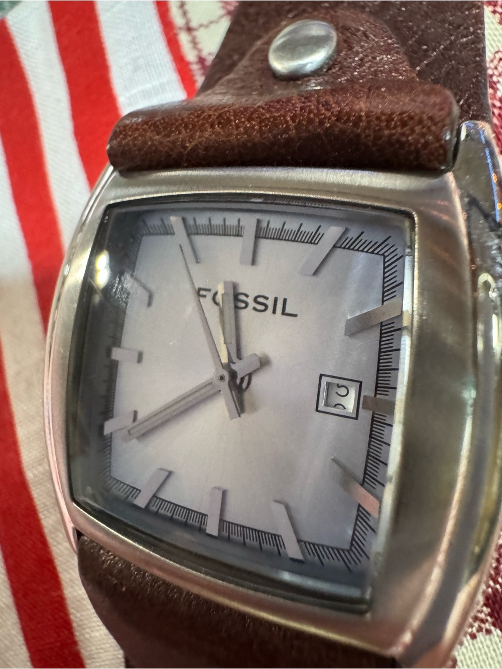 Vintage Y2K Fossil Square Watch Brown Genuine Leather Cuff Bund Silver Date